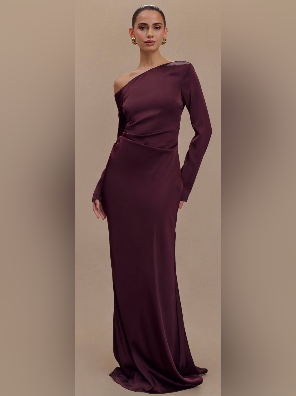 Meshki Long-Sleeve Burgundy Satin Maxi Dress